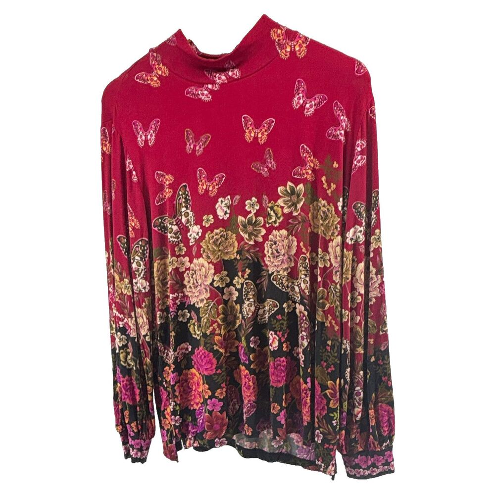 Johnny Was Womens XL Burgundy Floral Butterfly Mock Neck Knit Top T17325-9